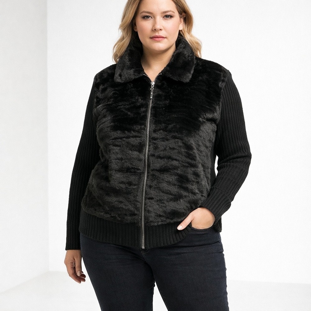 LA Blues Faux Fur Sweater Jacket Womens 18 20 XL Black Zip Knit Collared Casual